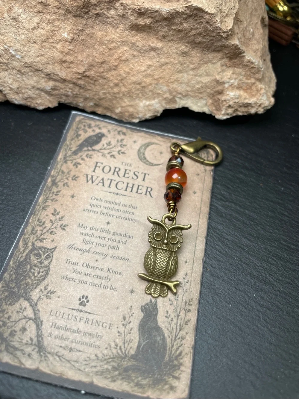 Forest Watcher™ Little Curiosity – Owl Keepsake Carnelian Charm Bag, Zipper Pull